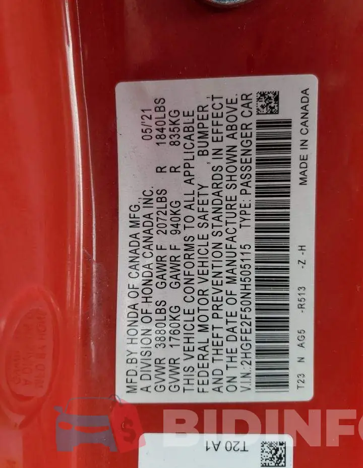 2HGFE2F50NH505115 Photo# 13
