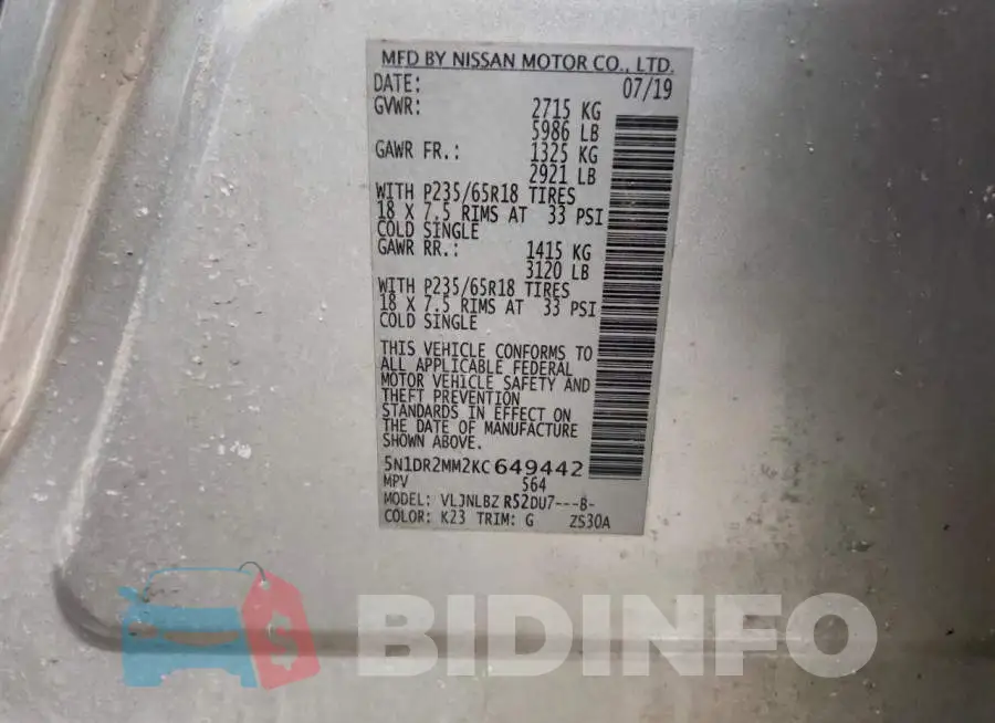 5N1DR2MM2KC649442 Photo# 13