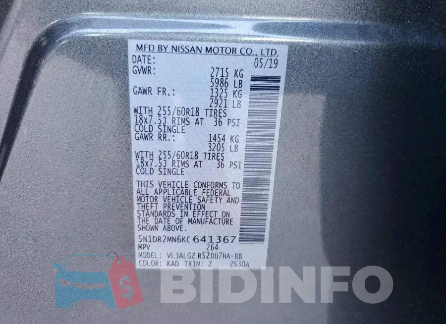 5N1DR2MN6KC641367 Photo# 13
