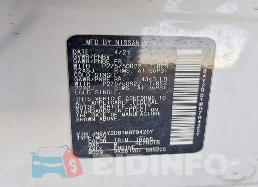 JN8AY2DB1M9794257 Photo# 13