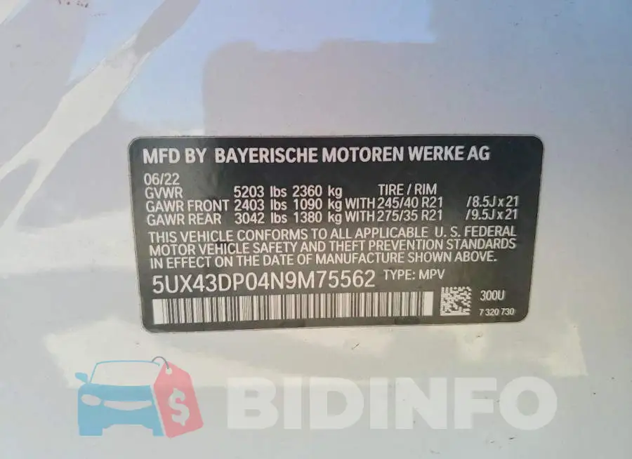 5UX43DP04N9M75562 Photo# 13