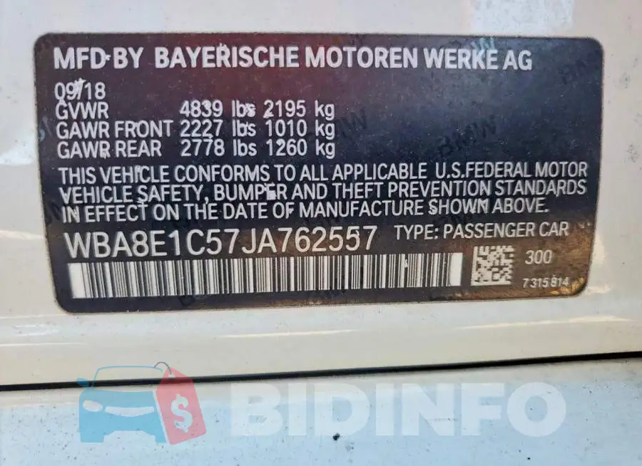 WBA8E1C57JA762557 Photo# 12