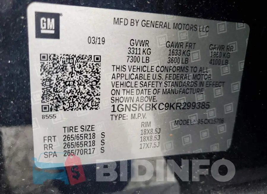 1GNSKBKC9KR299385 Photo# 13