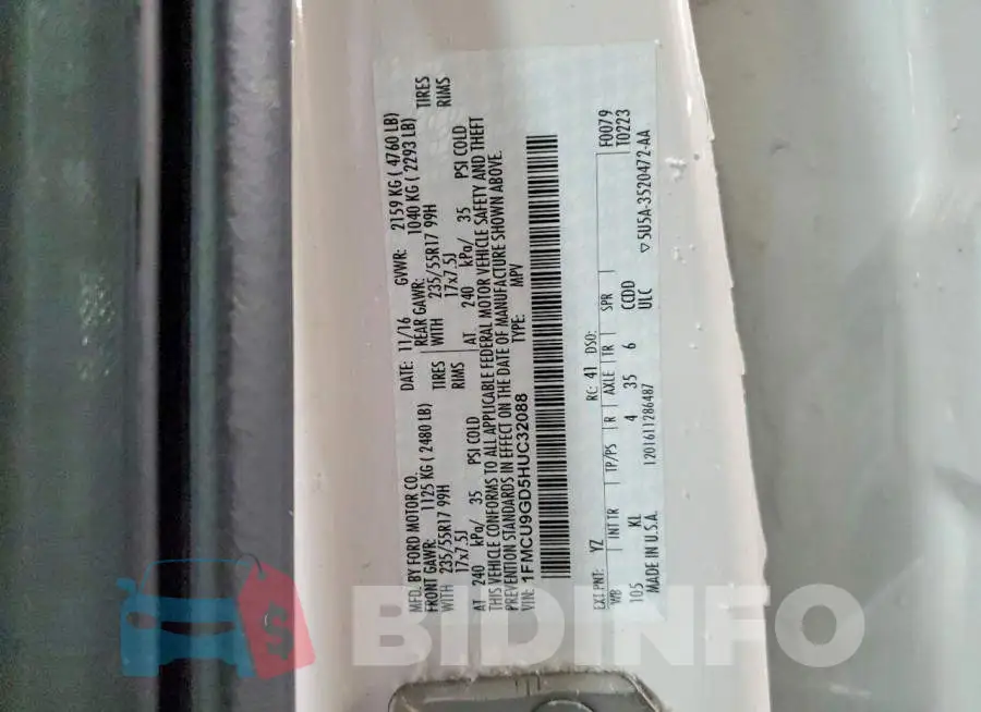 1FMCU9GD5HUC32088 Photo# 12