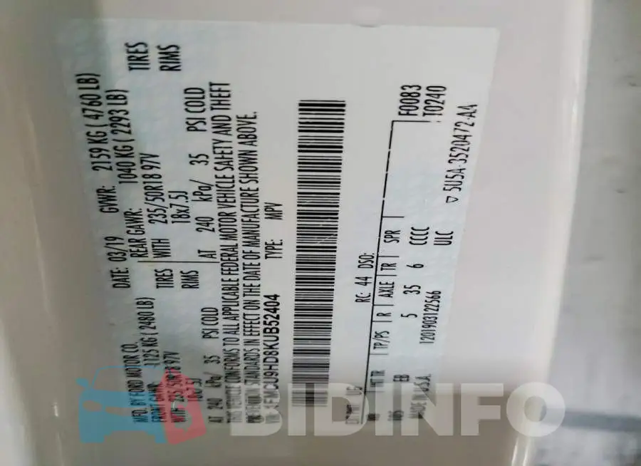 1FMCU9HD8KUB52404 Photo# 14