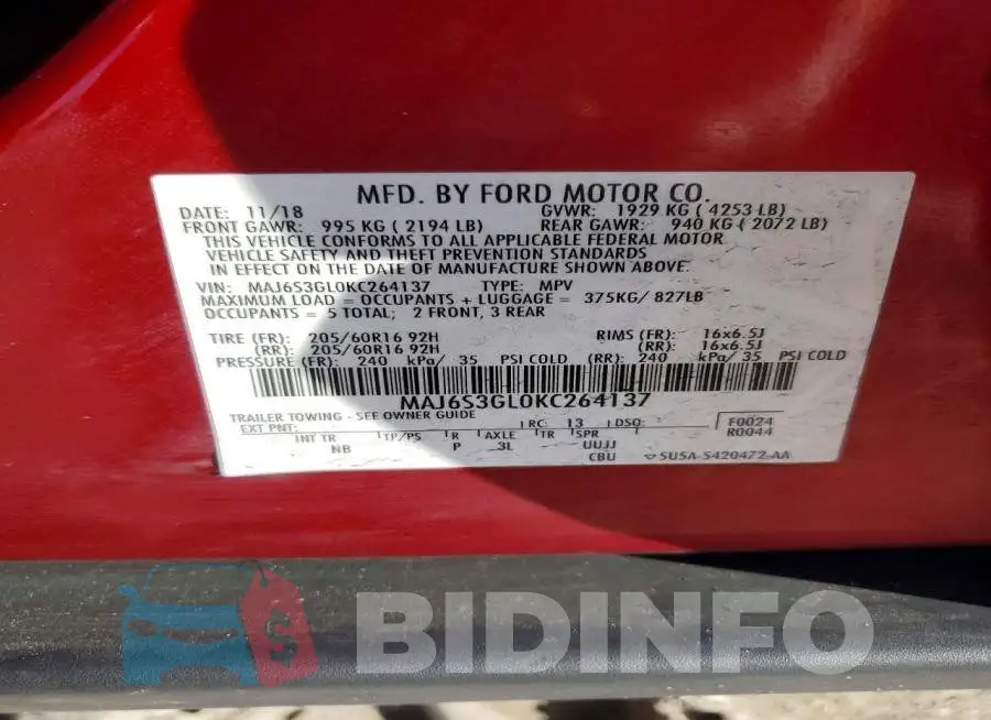 MAJ6S3GL0KC264137 Photo# 13