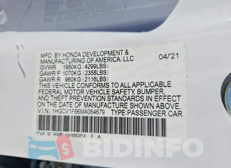 1HGCV1F56MA064679 Photo# 12