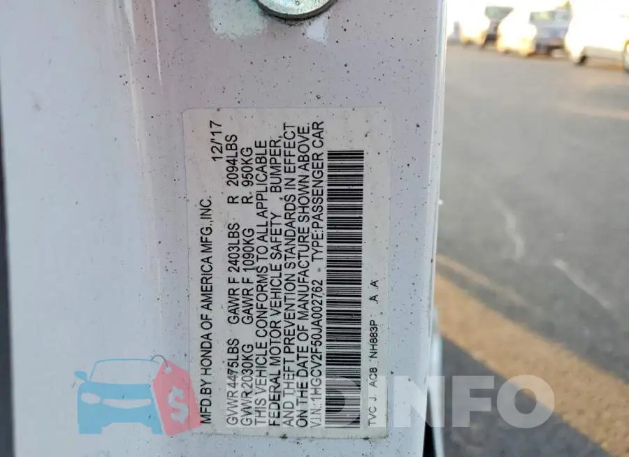 1HGCV2F50JA002762 Photo# 12