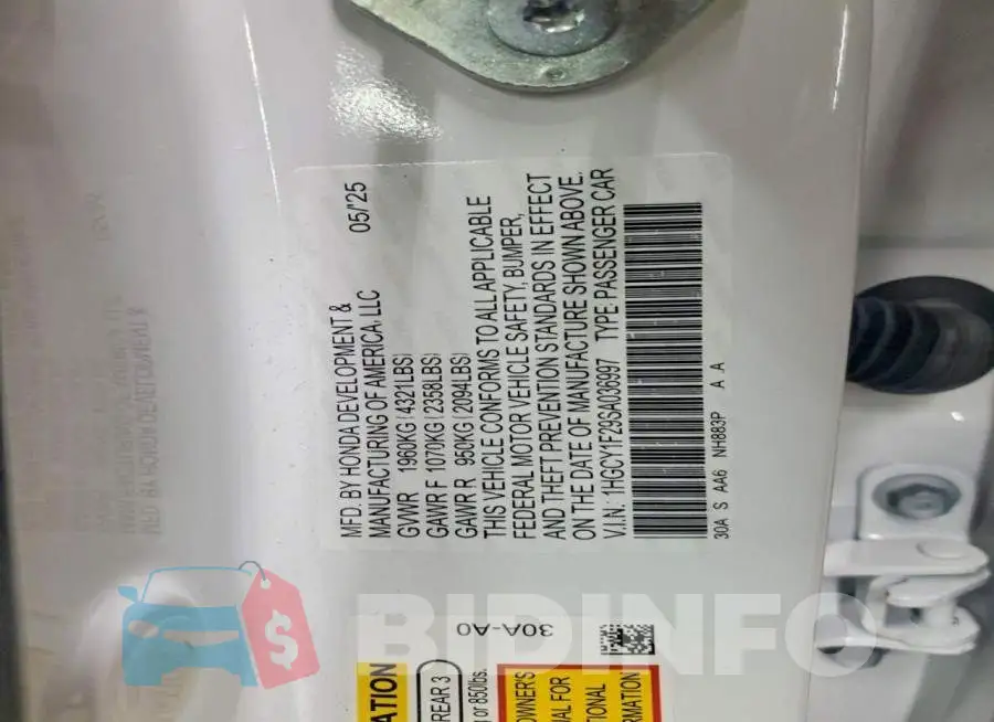 1HGCY1F29SA036997 Photo# 12