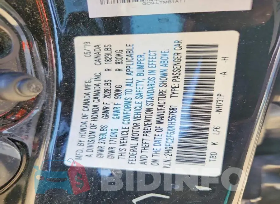 2HGFC2F6XKH567681 Photo# 12
