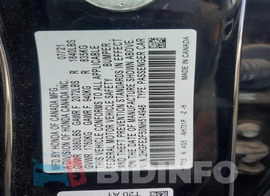 2HGFE2F50NH514946 Photo# 13