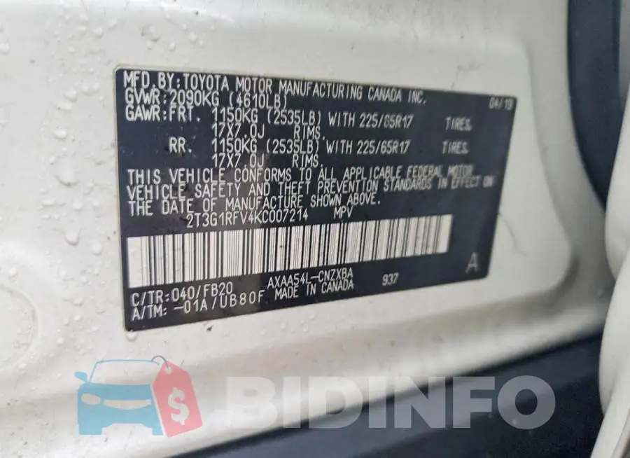 2T3G1RFV4KC007214 Photo# 13