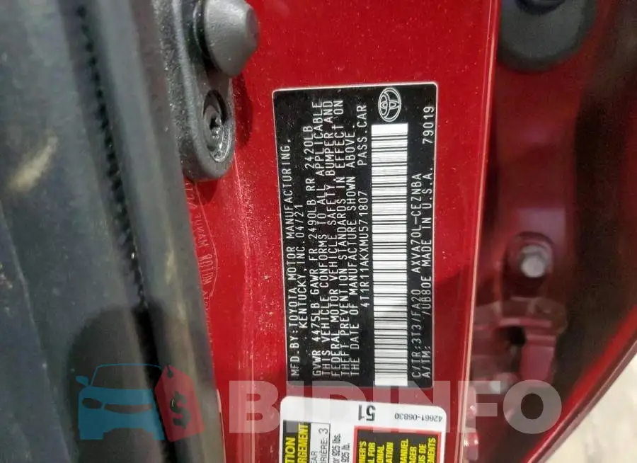 4T1R11AKXMU571807 Photo# 12