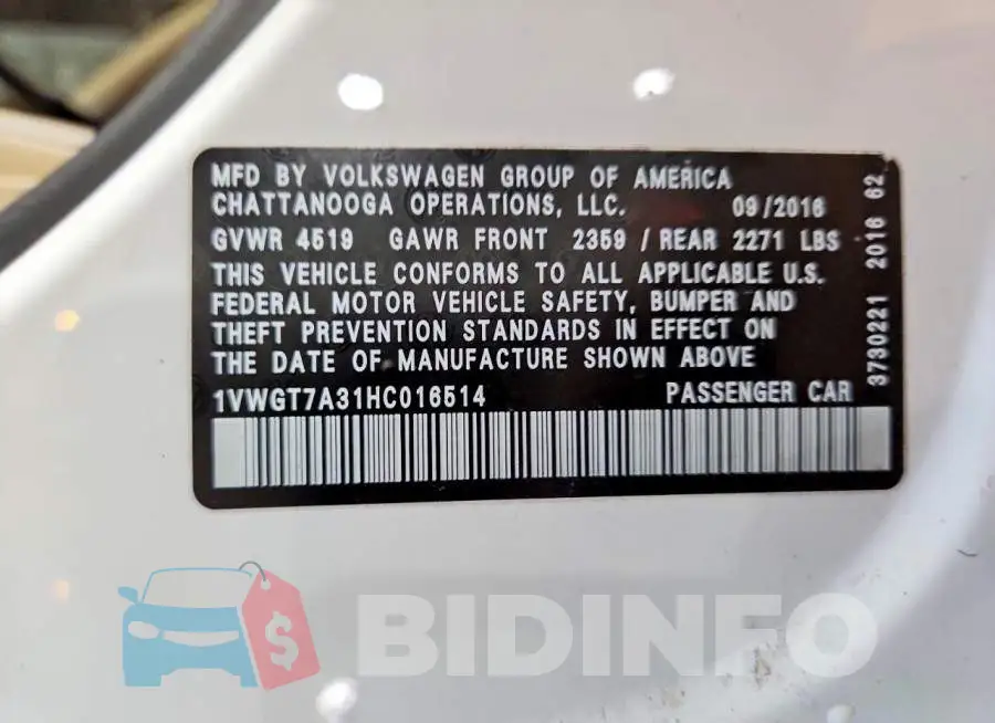1VWGT7A31HC016514 Photo# 12