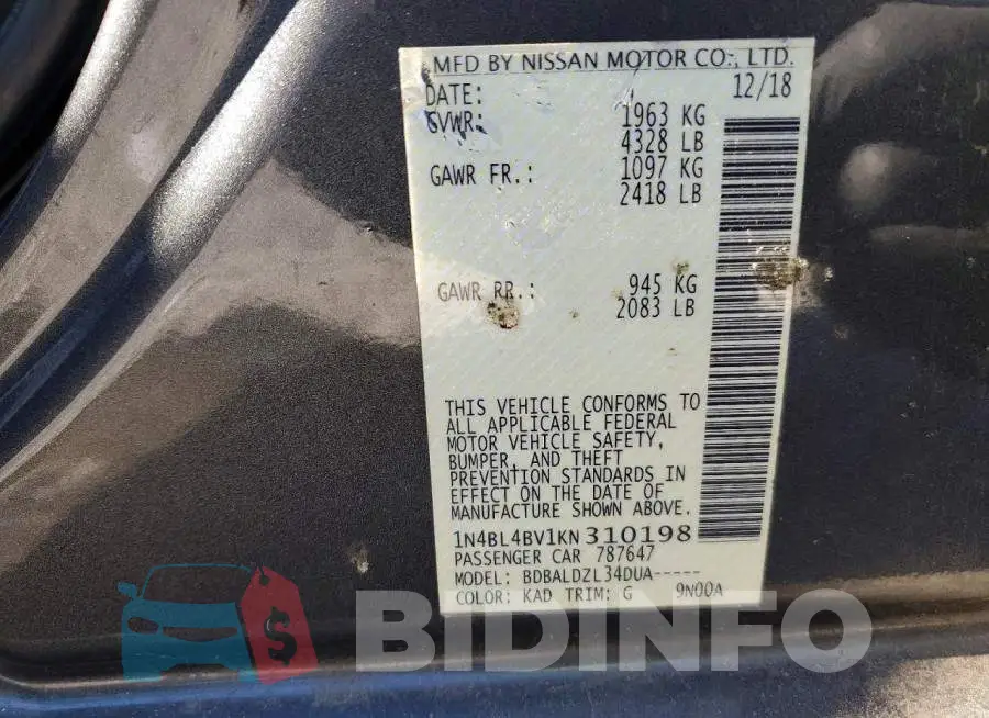 1N4BL4BV1KN310198 Photo# 12