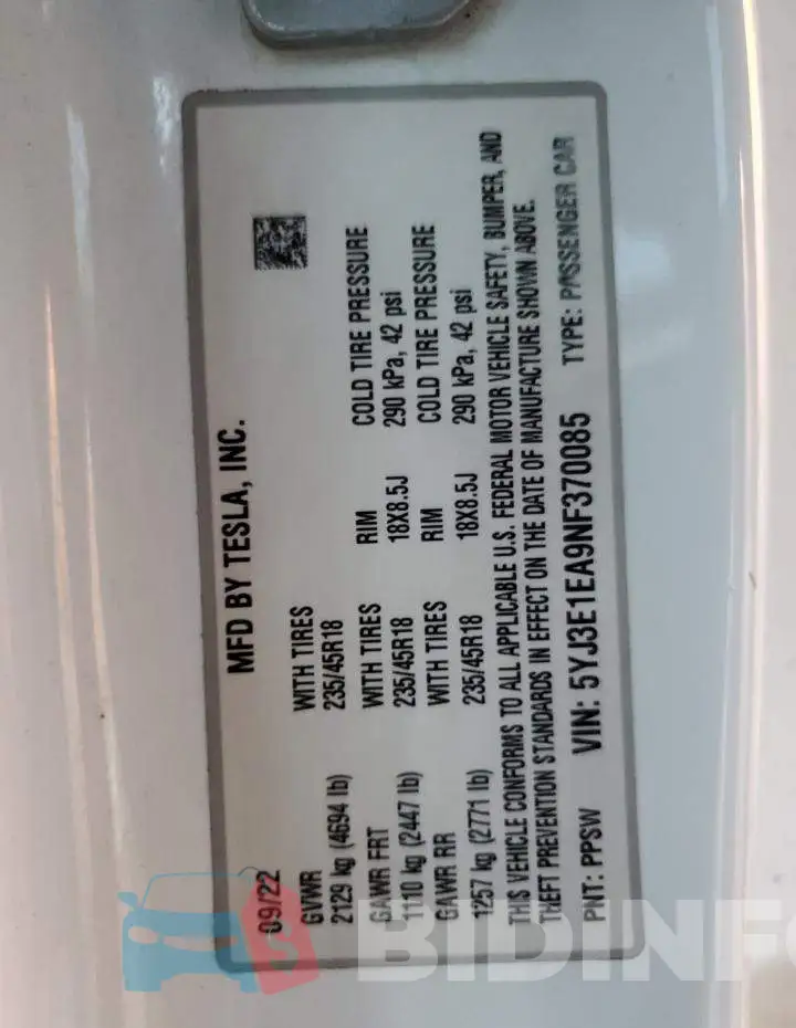 5YJ3E1EA9NF370085 Photo# 12