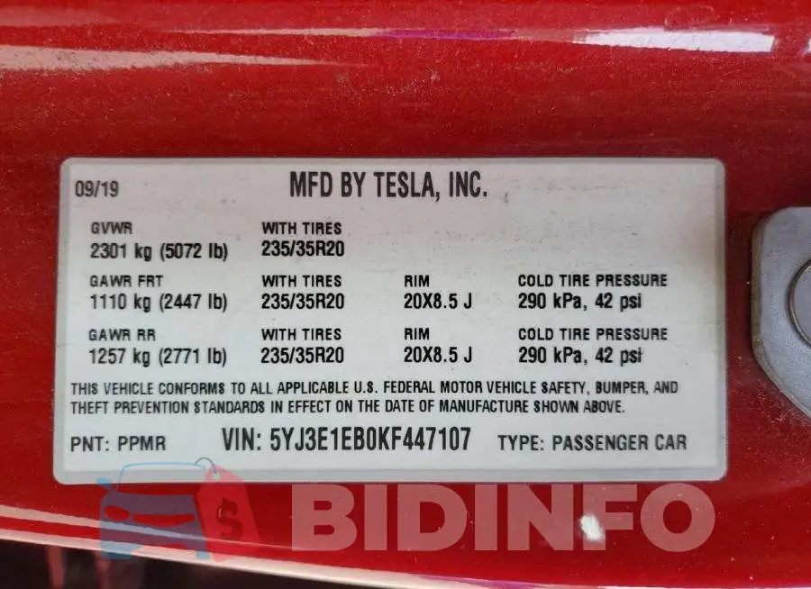 5YJ3E1EB0KF447107 Photo# 12
