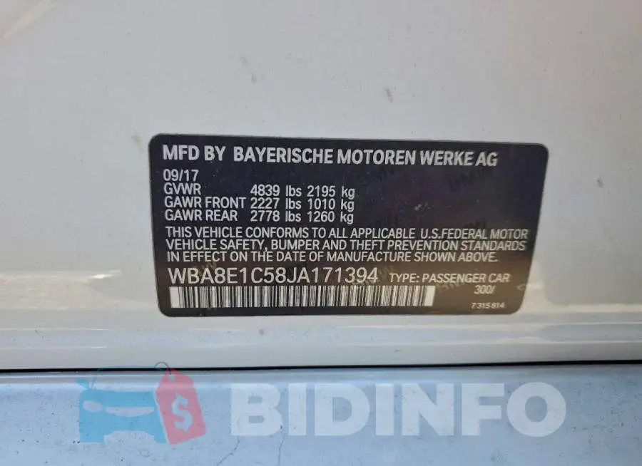 WBA8E1C58JA171394 Photo# 13