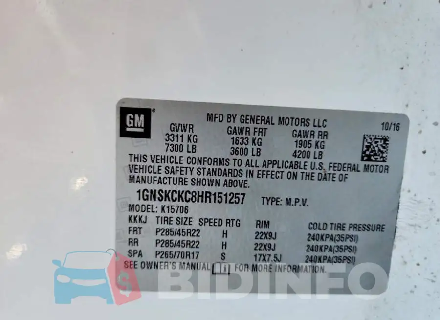 1GNSKCKC8HR151257 Photo# 14