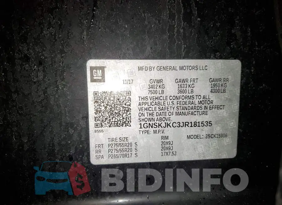 1GNSKJKC3JR181535 Photo# 13