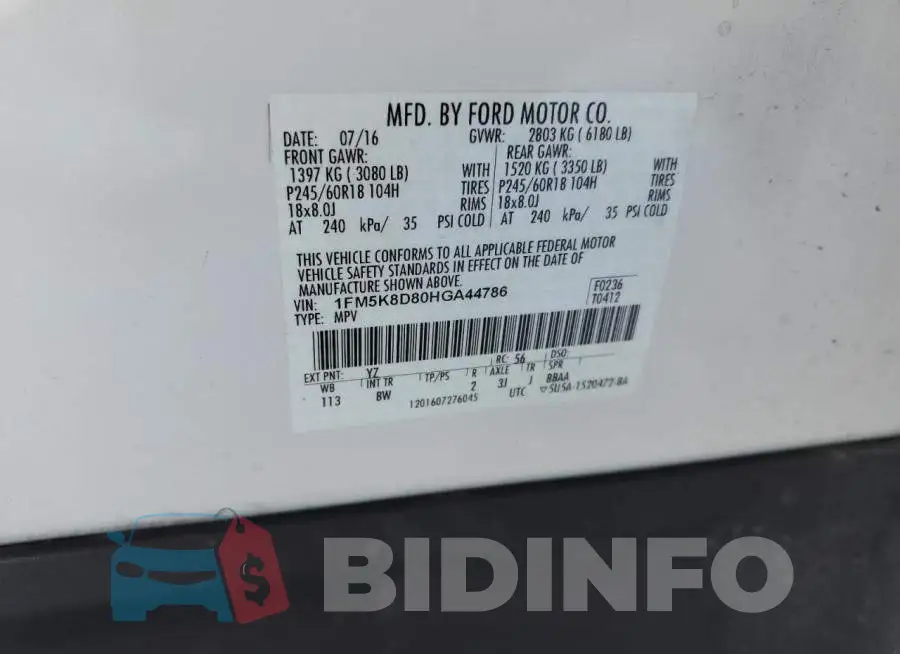1FM5K8D80HGA44786 Photo# 13