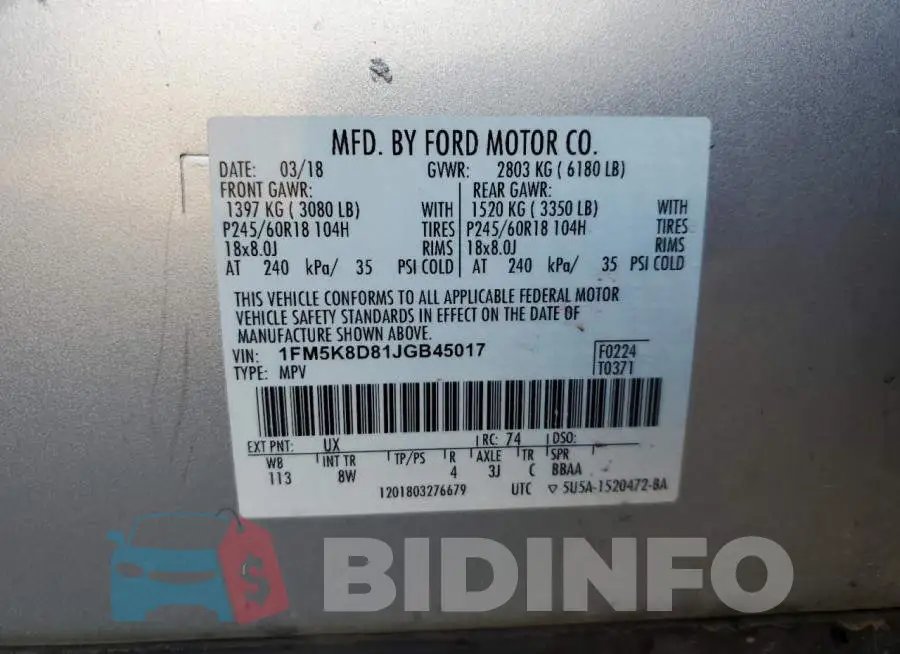 1FM5K8D81JGB45017 Photo# 13