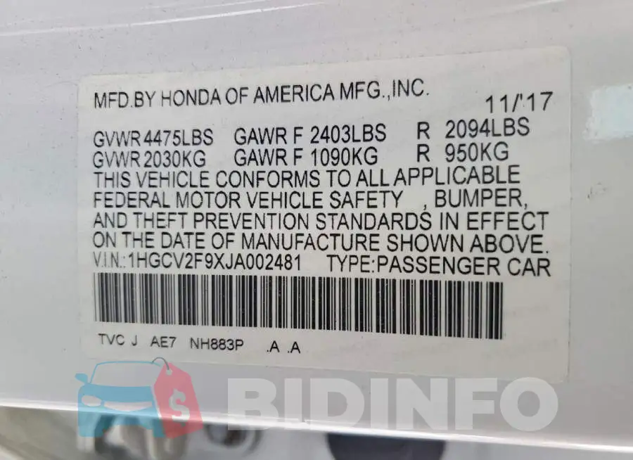 1HGCV2F9XJA002481 Photo# 12