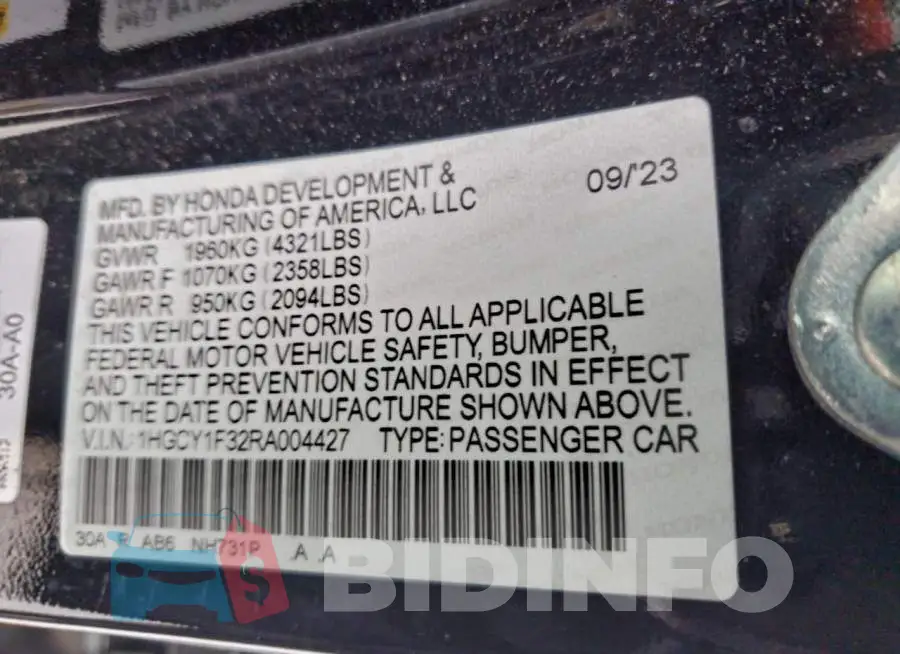 1HGCY1F32RA004427 Photo# 12