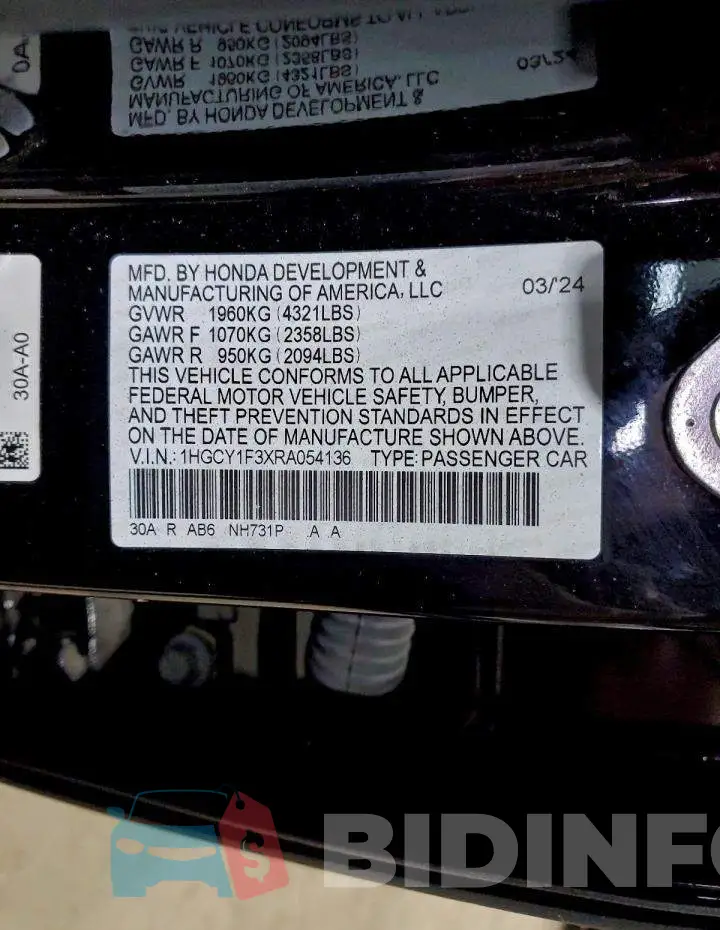 1HGCY1F3XRA054136 Photo# 13