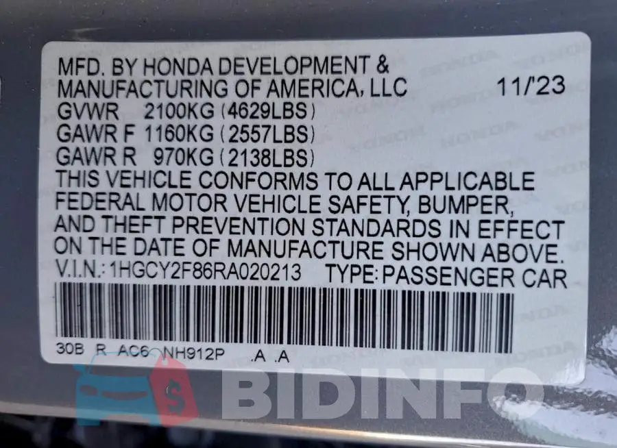 1HGCY2F86RA020213 Photo# 12