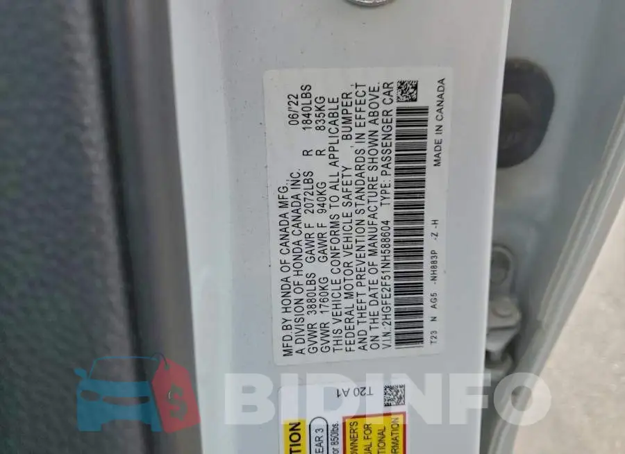 2HGFE2F51NH588604 Photo# 12