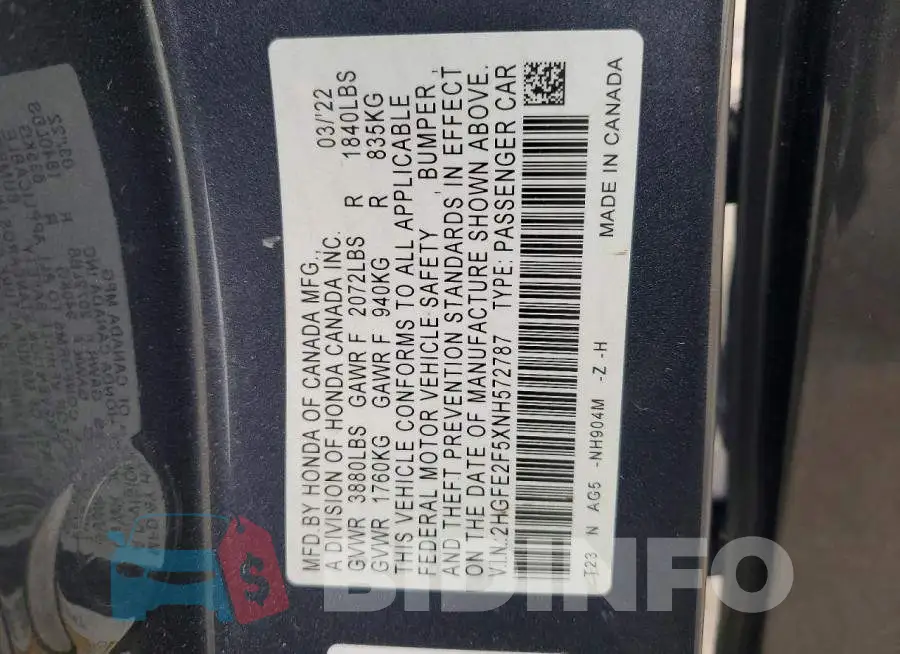 2HGFE2F5XNH572787 Photo# 12