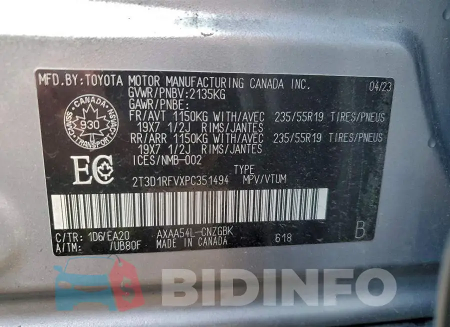 2T3D1RFVXPC351494 Photo# 14