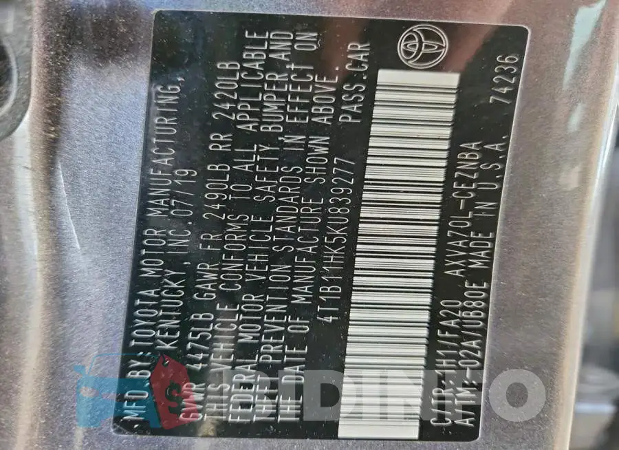 4T1B11HK5KU839277 Photo# 12