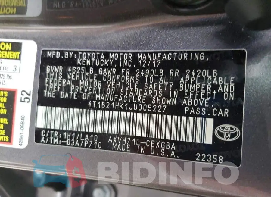 4T1B21HK1JU005227 Photo# 12