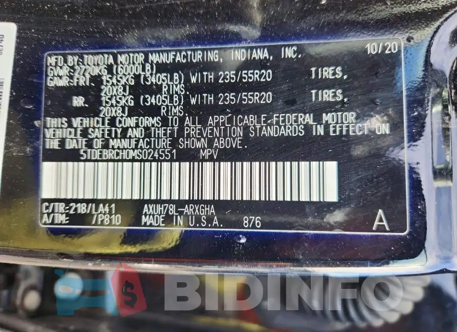 5TDEBRCH0MS024551 Photo# 13