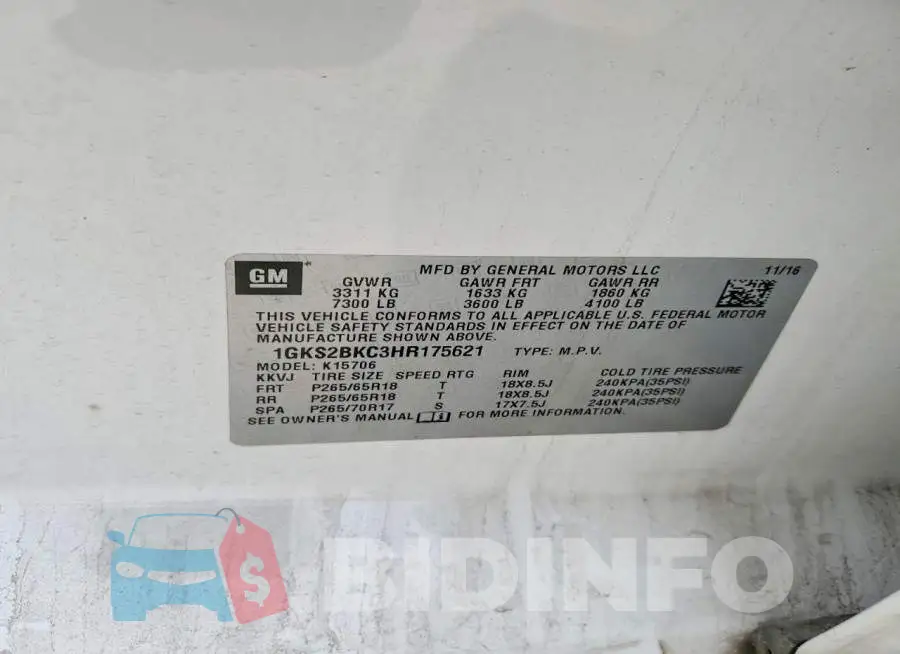 1GKS2BKC3HR175621 Photo# 13
