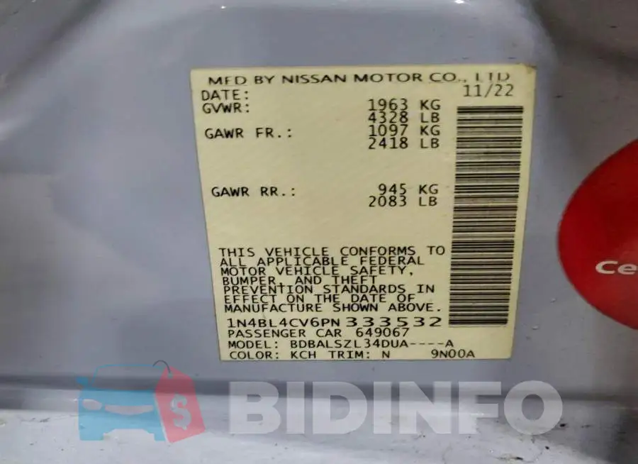 1N4BL4CV6PN333532 Photo# 12