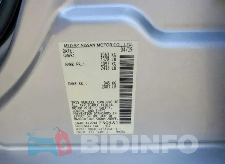 1N4BL4EV2KC230481 Photo# 12