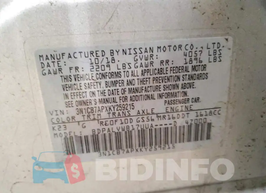 3N1CB7APXKY259215 Photo# 12