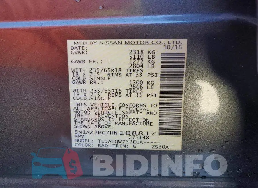 5N1AZ2MG7HN108817 Photo# 13
