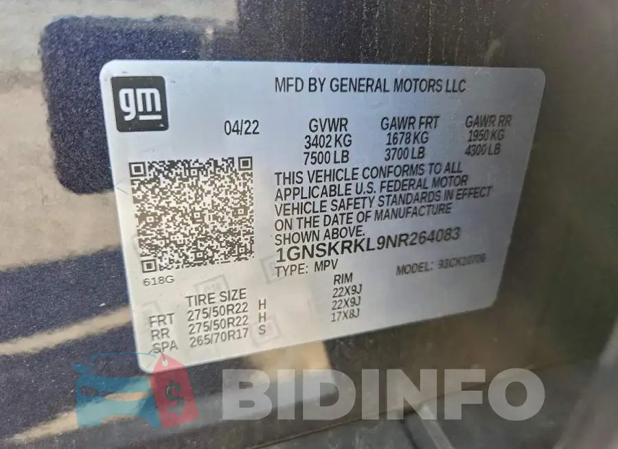 1GNSKRKL9NR264083 Photo# 13