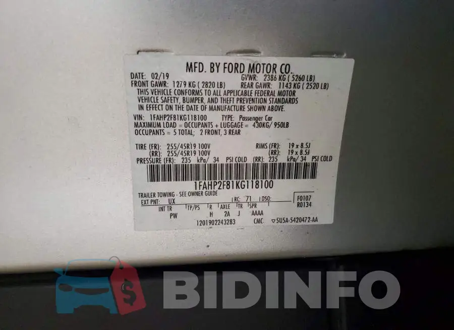 1FAHP2F81KG118100 Photo# 12