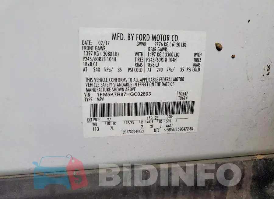 1FM5K7B87HGC02893 Photo# 12