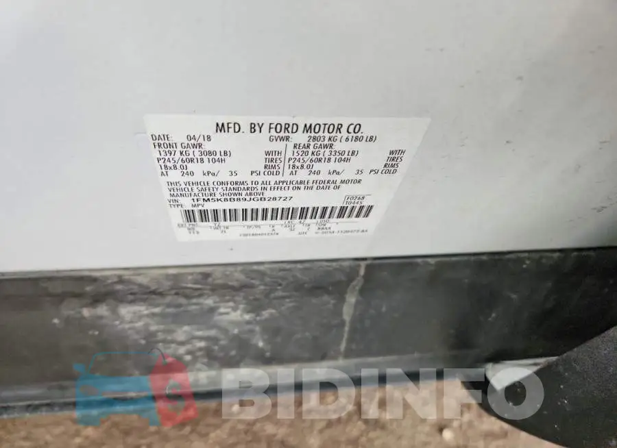 1FM5K8B89JGB28727 Photo# 13