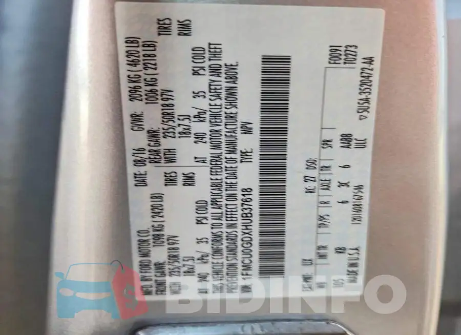 1FMCU0GDXHUB37618 Photo# 13