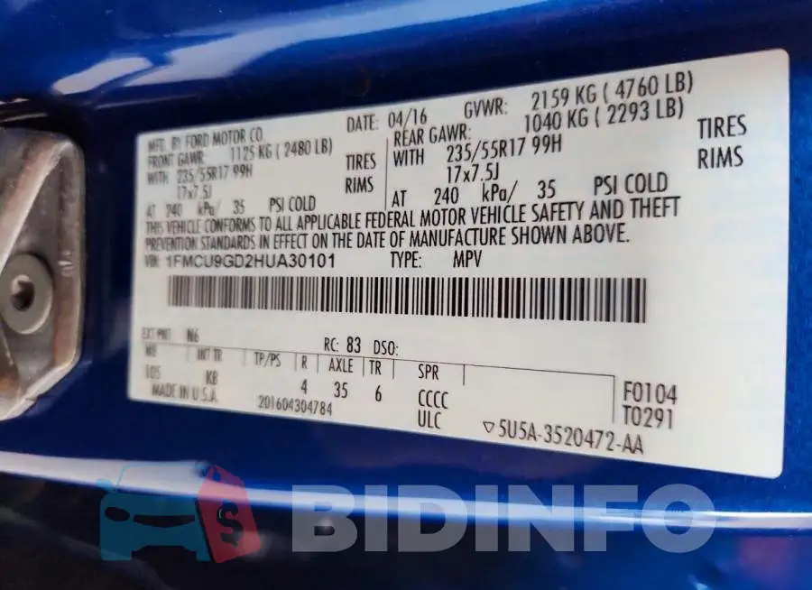 1FMCU9GD2HUA30101 Photo# 13