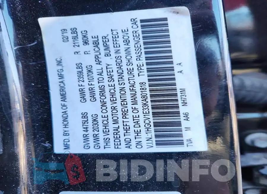 1HGCV1E33KA801818 Photo# 12