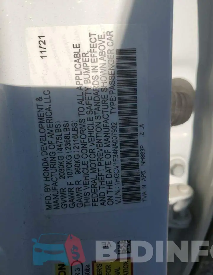 1HGCV1F34NA007932 Photo# 12