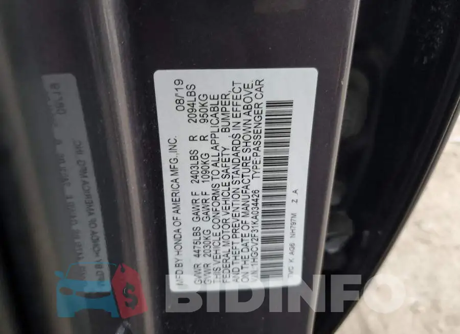 1HGCV2F31KA034426 Photo# 13